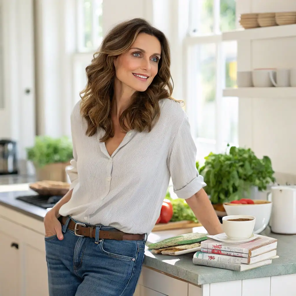 Elegant Woman in a Sunlit Kitchen with Fresh Ingredients A smiling woman with wavy chestnut hair, wearing a light blouse and jeans, standing in a bright, cozy kitchen with fresh vegetables and cookbooks.