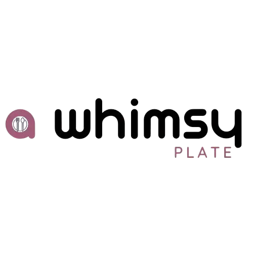 Whimsy Plate logo with a pink patterned circular icon and the word "whimsy" in black, followed by "PLATE" in uppercase pink letters