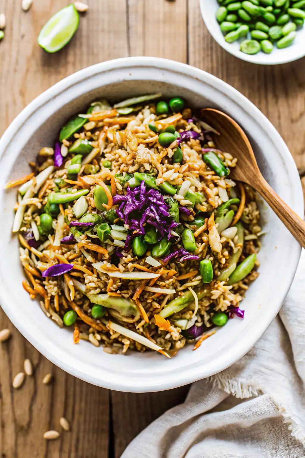 Miso Sesame Rice Salad with Edamame and Crunchy Vegetables A bowl of colorful rice and vegetable salad with edamame, shredded cabbage, carrots, and snap peas, served with a wooden spoon.