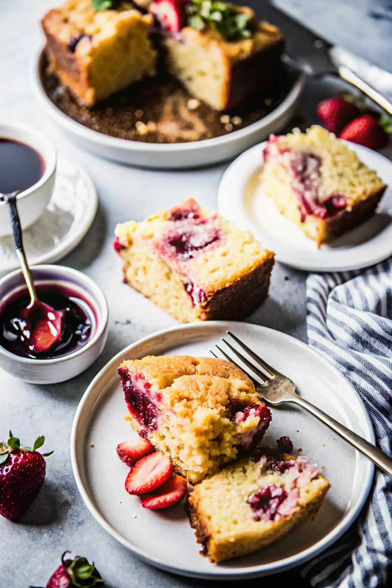 Strawberry Jam-Filled Snack Cake with Fresh Berries and Coffee Sliced strawberry jam-filled snack cake served on white plates with fresh strawberries and coffee.
