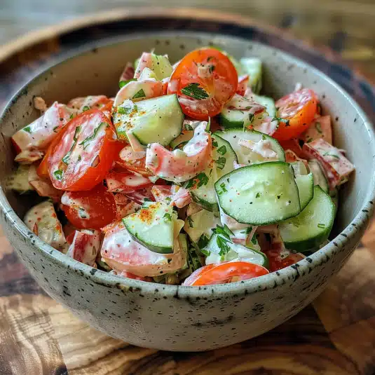 Tomato and Cucumber Salad Creamy in a Bowl with Dressing
