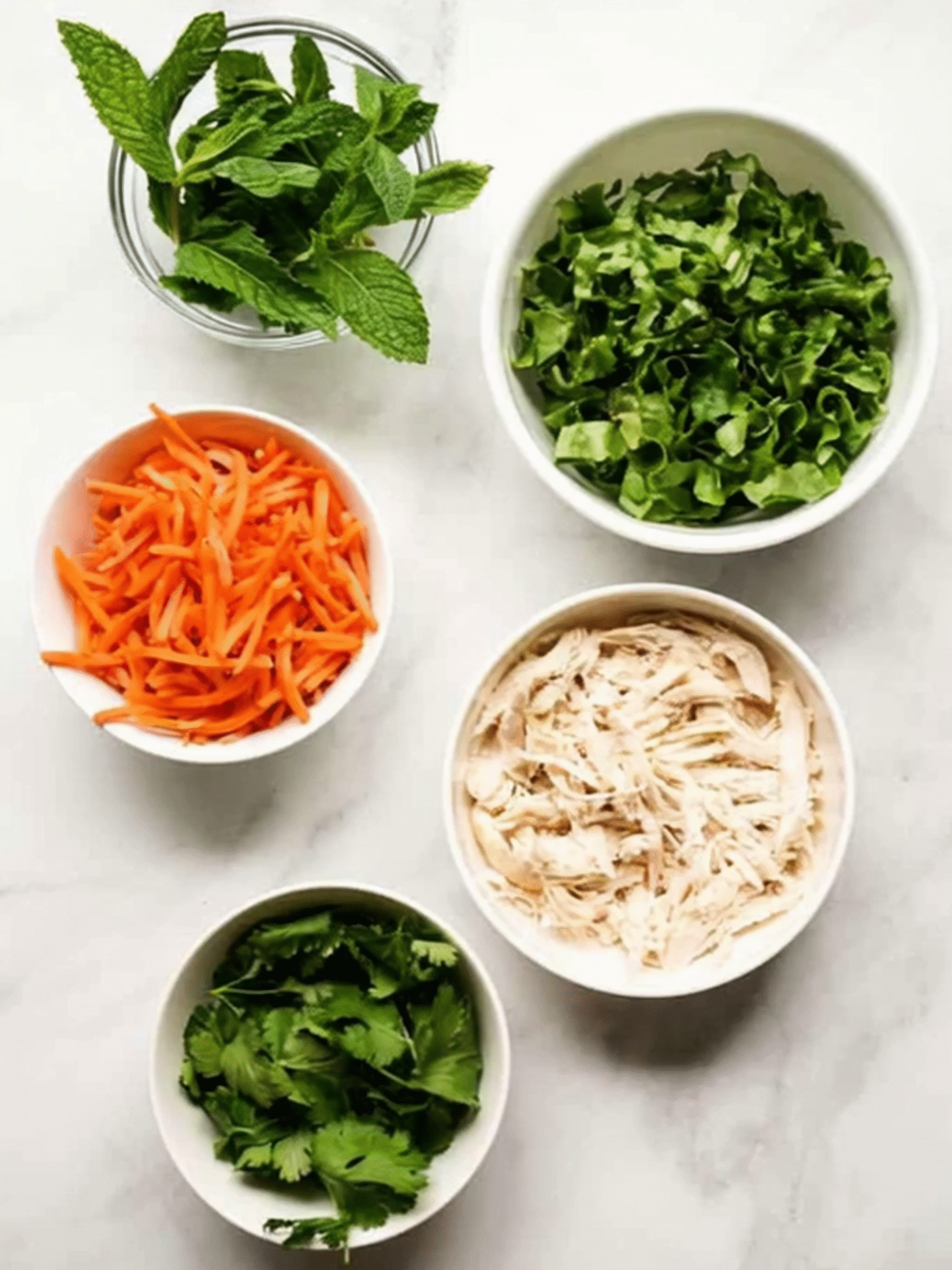 Fresh Ingredients for Vietnamese Noodle Salad Ingredients for Vietnamese Noodle Salad including mint, lettuce, carrots, cilantro, and shredded chicken in white bowls