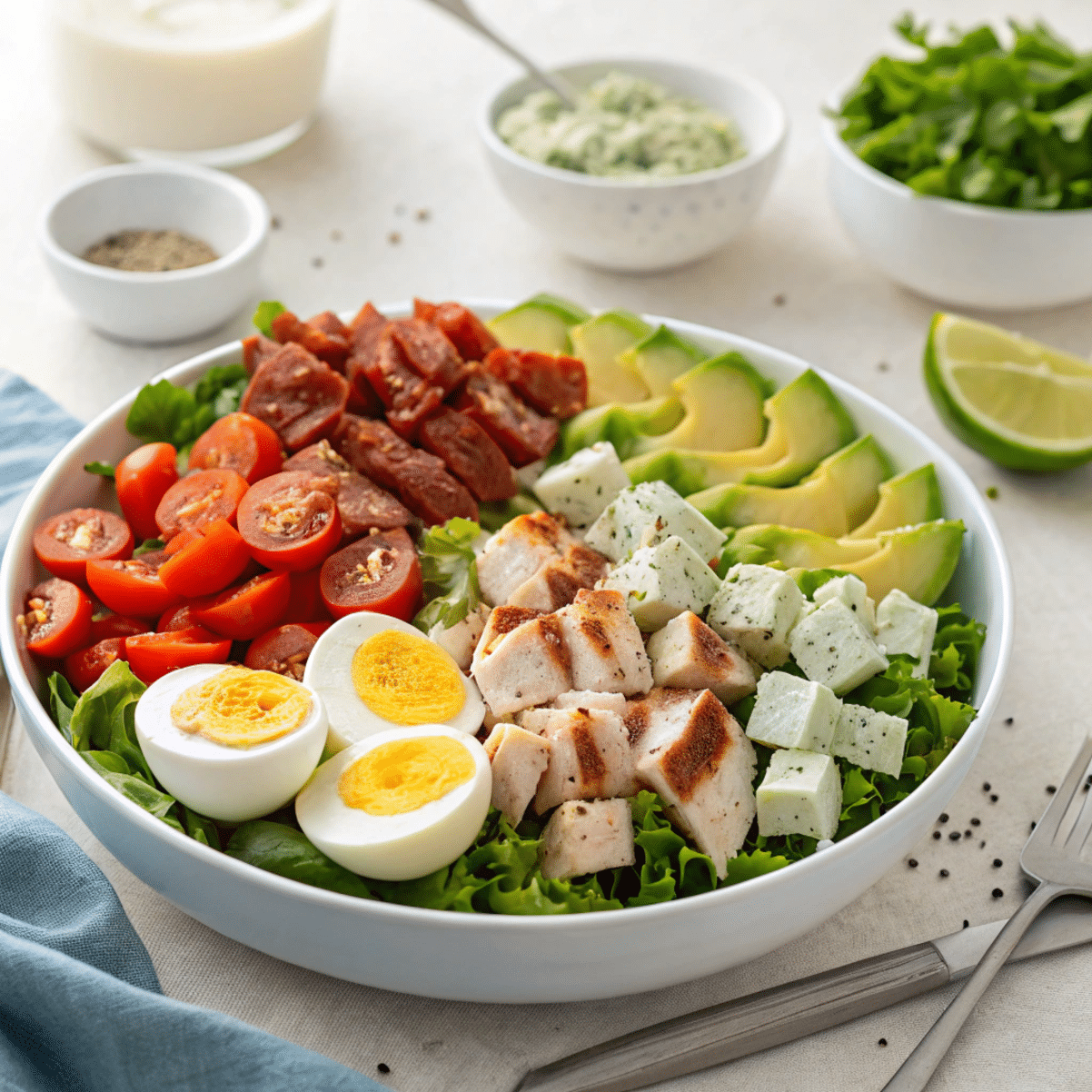 Classic Cobb Salad with Chicken and Avocado Fresh Cobb salad with grilled chicken, boiled eggs, avocado, tomatoes, and blue cheese