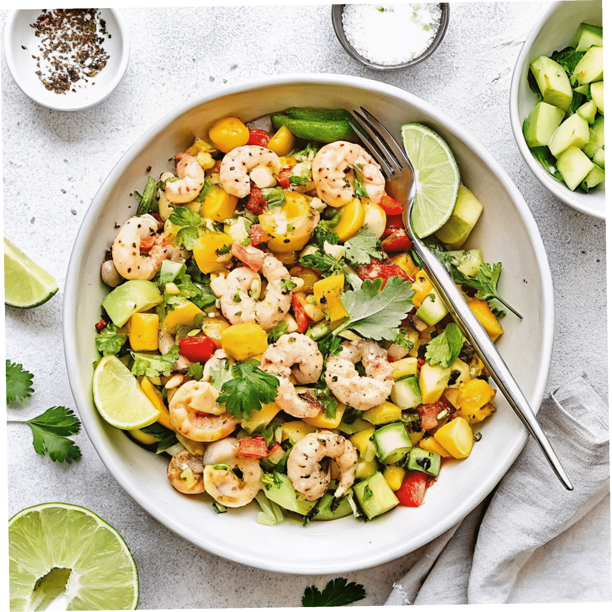 Refreshing Mango Avocado Shrimp Salad with Lime Mango avocado shrimp salad with lime and fresh herbs in a white bowl