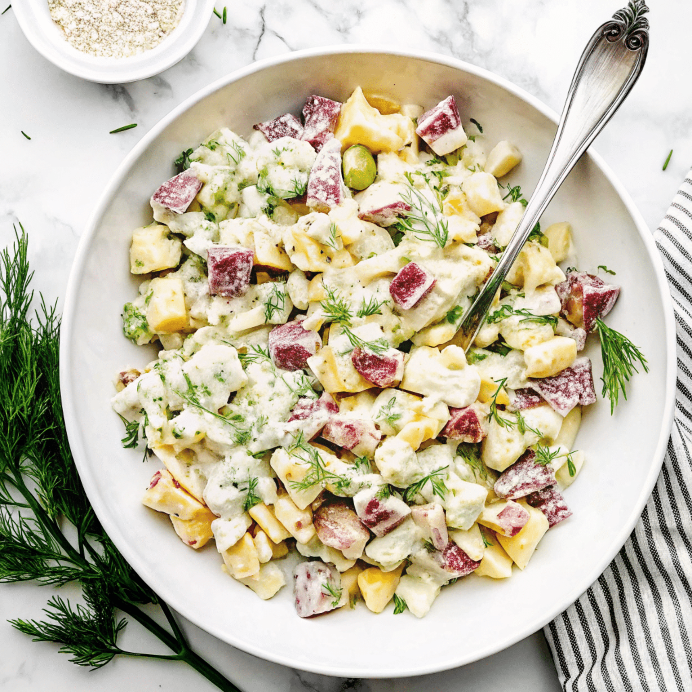 Classic Creamy Potato Salad with Dill Creamy potato salad with fresh dill and red potatoes served in a white bowl with a spoon