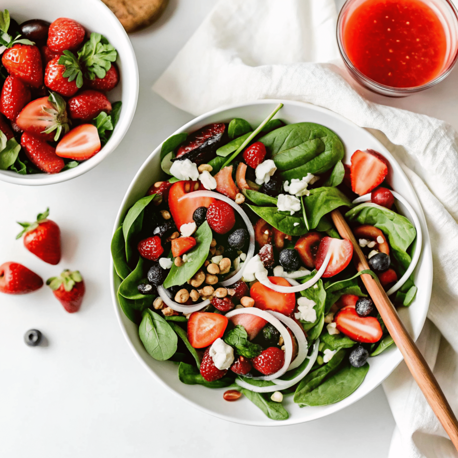 Fresh Berry Spinach Salad with Feta and Nuts Berry spinach salad with strawberries, blueberries, nuts, and feta in a white bowl