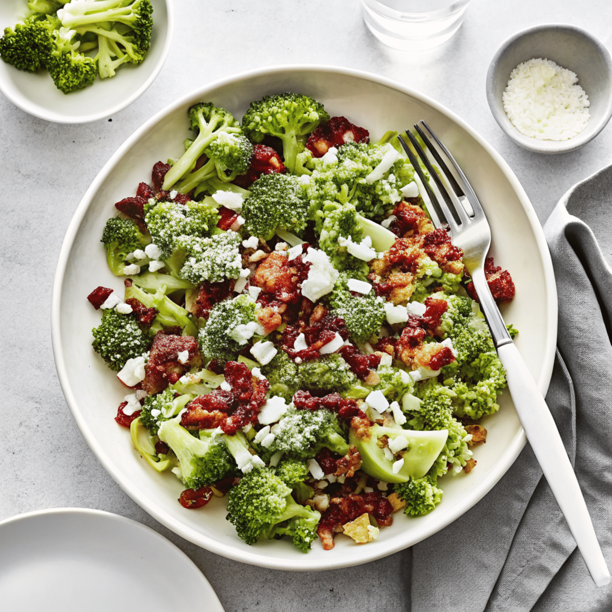 Crunchy Broccoli Salad with Bacon and Cheese Fresh broccoli salad topped with crispy bacon bits and crumbled cheese served in a white bowl with a fork.
