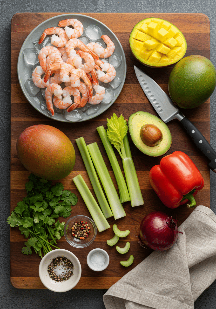 Fresh Ingredients for Mango Avocado Shrimp Salad Fresh shrimp mango avocado celery red pepper onion herbs and spices on a wooden board