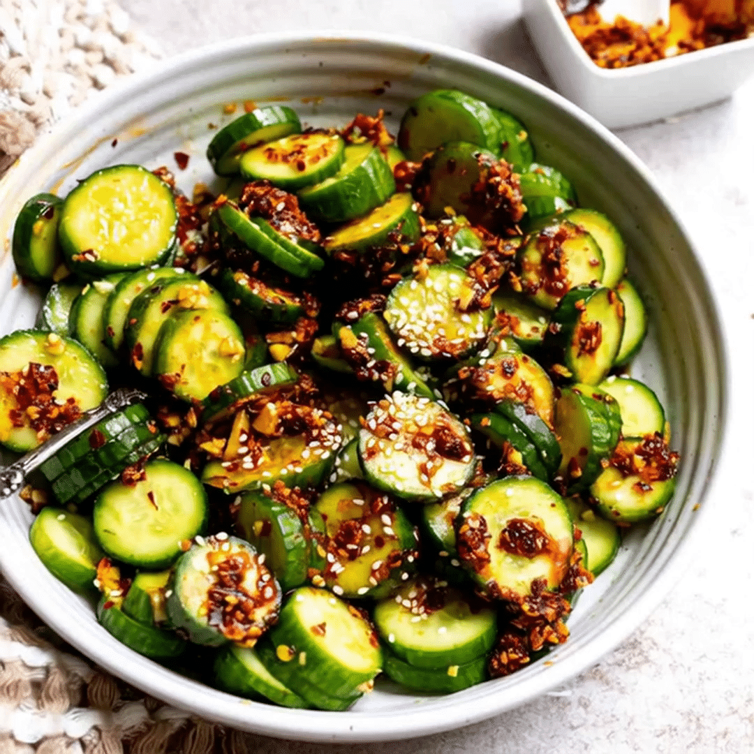 Spicy Cucumber Salad Recipe with Chili Crisp and Sesame Fresh spicy cucumber salad recipe with sliced cucumbers, chili crisp and sesame seeds in a bowl