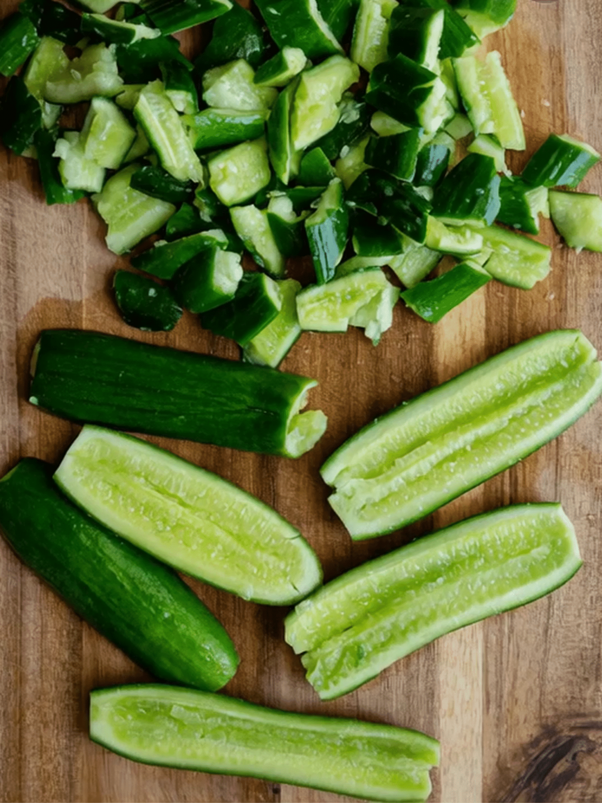 Smashed Cucumbers for Spicy Cucumber Salad Recipe Smashed cucumbers on a cutting board for spicy cucumber salad recipe prep