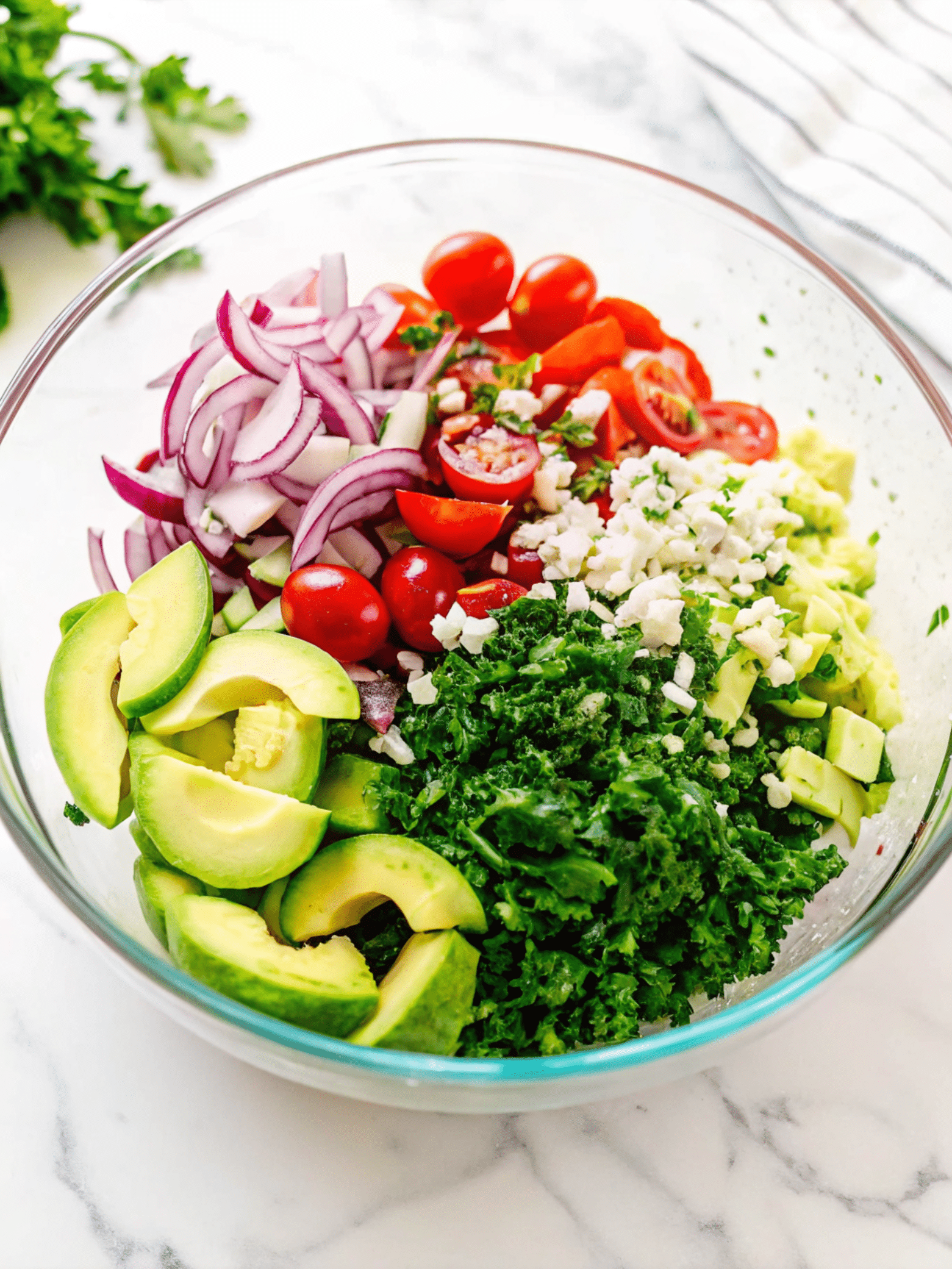 Tomato Cucumber and Avocado Salad in Mixing Bowl Tomato Cucumber and Avocado Salad