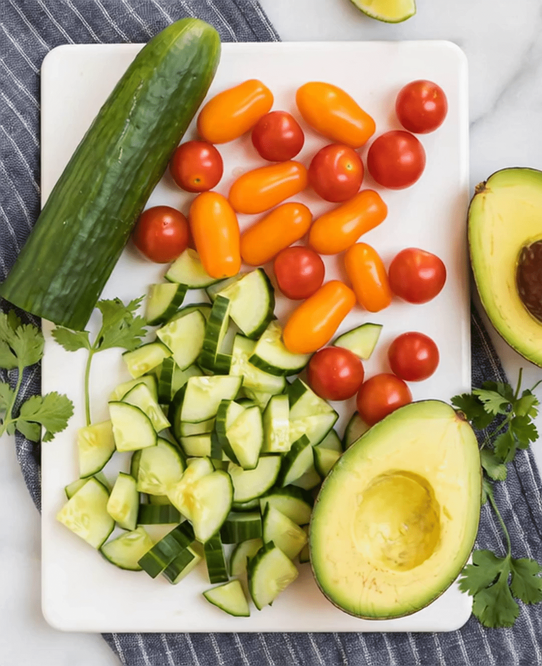 Tomato Cucumber Avocado Salad Ingredients on Cutting Board Fresh cucumber, cherry tomatoes, and avocado prepared on a cutting board for salad
