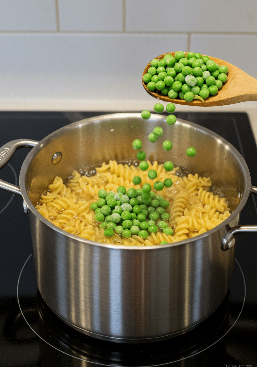 Adding Peas to Pasta for Creamy Tuna Pasta Salad Frozen peas being added to boiling rotini pasta in a stainless steel pot