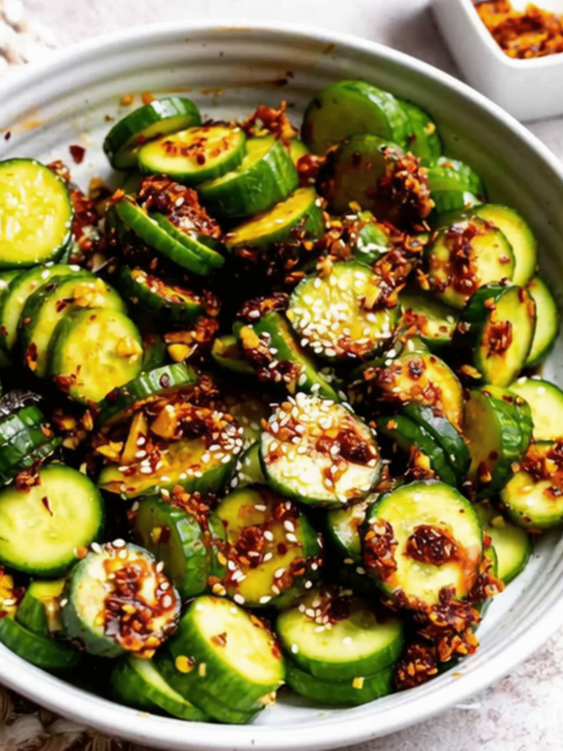 Spicy Cucumber Salad Recipe with Chili Crisp and Sesame Fresh spicy cucumber salad recipe with sliced cucumbers, chili crisp and sesame seeds in a bowl