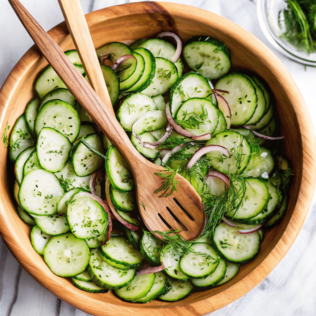 Refreshing Cucumber and Onion Salad with Fresh Dill Fresh cucumber and red onion salad with dill in a wooden bowl with wooden serving utensils