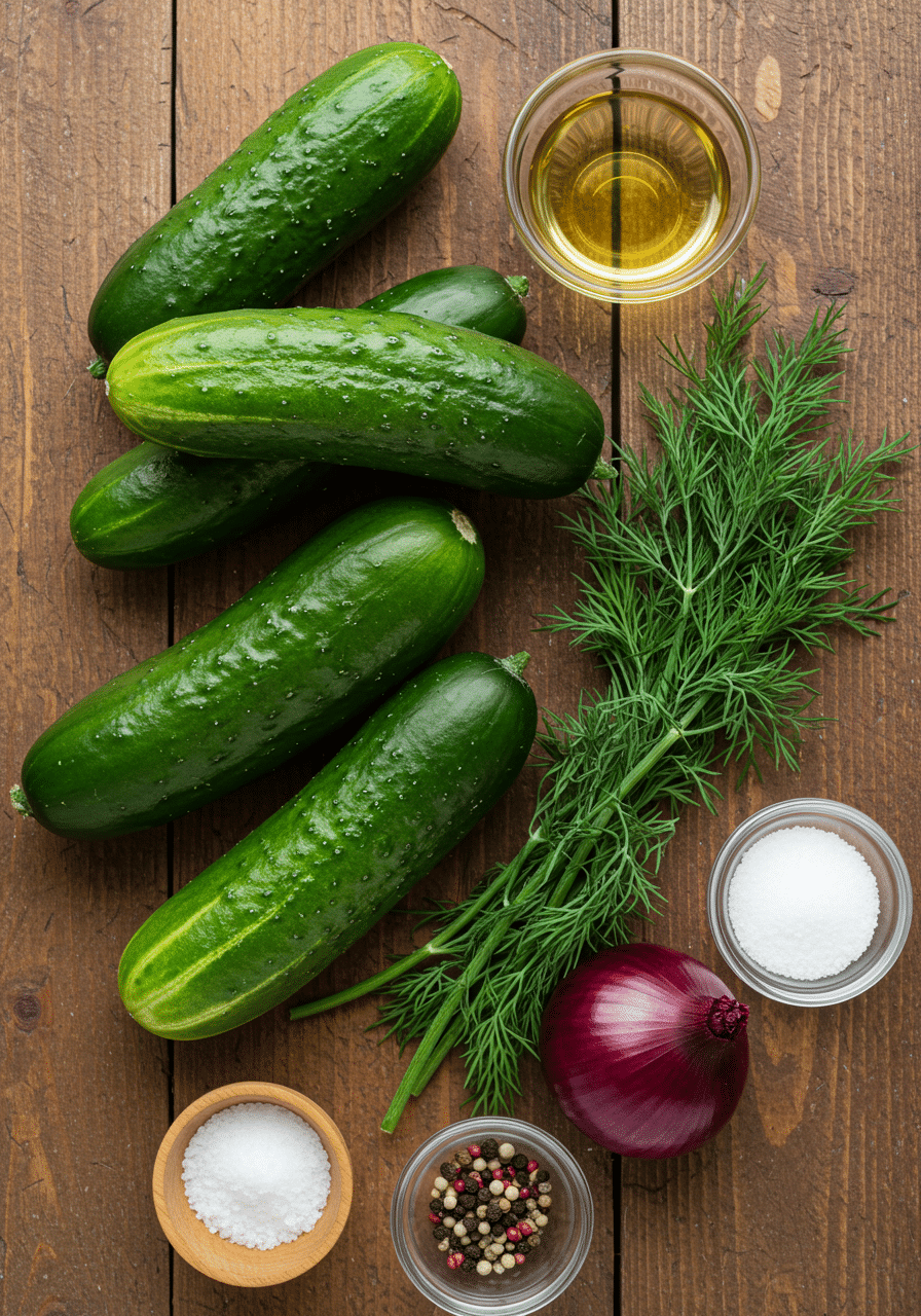 Fresh Ingredients for Homemade Cucumber Salad Fresh ingredients for cucumber salad including whole cucumbers, fresh dill, red onion, vinegar, salt, and peppercorns on a wooden table