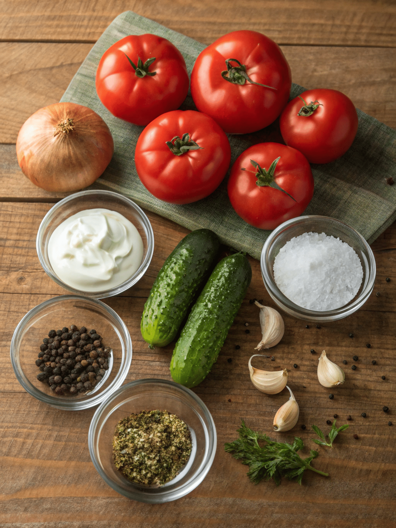 Ingredients for a Fresh Tomato and Cucumber Salad Fresh ingredients for tomato and cucumber salad including tomatoes, cucumbers, onion, garlic, spices, yogurt, salt, and pepper arranged on a wooden surface