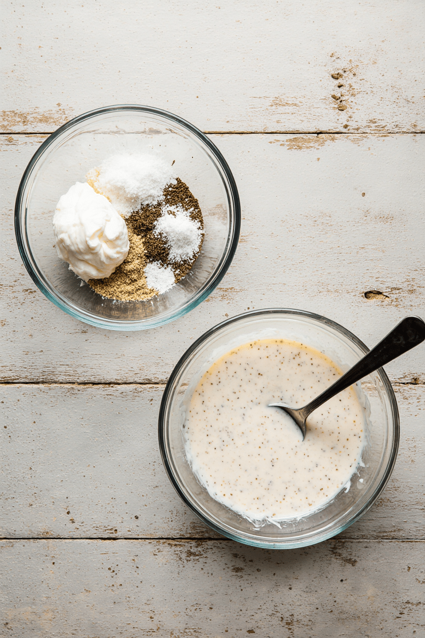 Creamy Salad Dressing Ingredients and Finished Dressing Two glass bowls showing creamy salad dressing ingredients and the mixed dressing with a spoon on a rustic white table