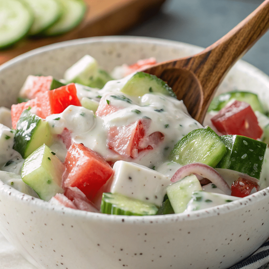 Creamy Cucumber and Tomato Salad with Yogurt Dressing Close-up of creamy cucumber and tomato salad with yogurt dressing in a speckled bowl and wooden spoon