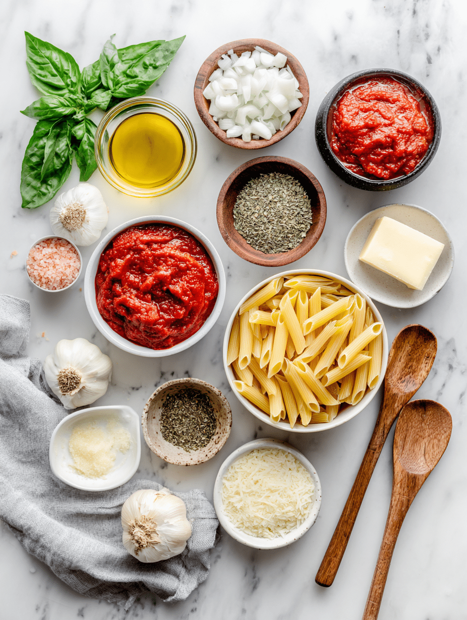 Ingredients for Creamy Pink Salt Pasta Sauce Recipe Flat lay of pink salt pasta sauce ingredients including olive oil, garlic, crushed tomatoes, onions, oregano, basil, butter, cheese, and penne pasta