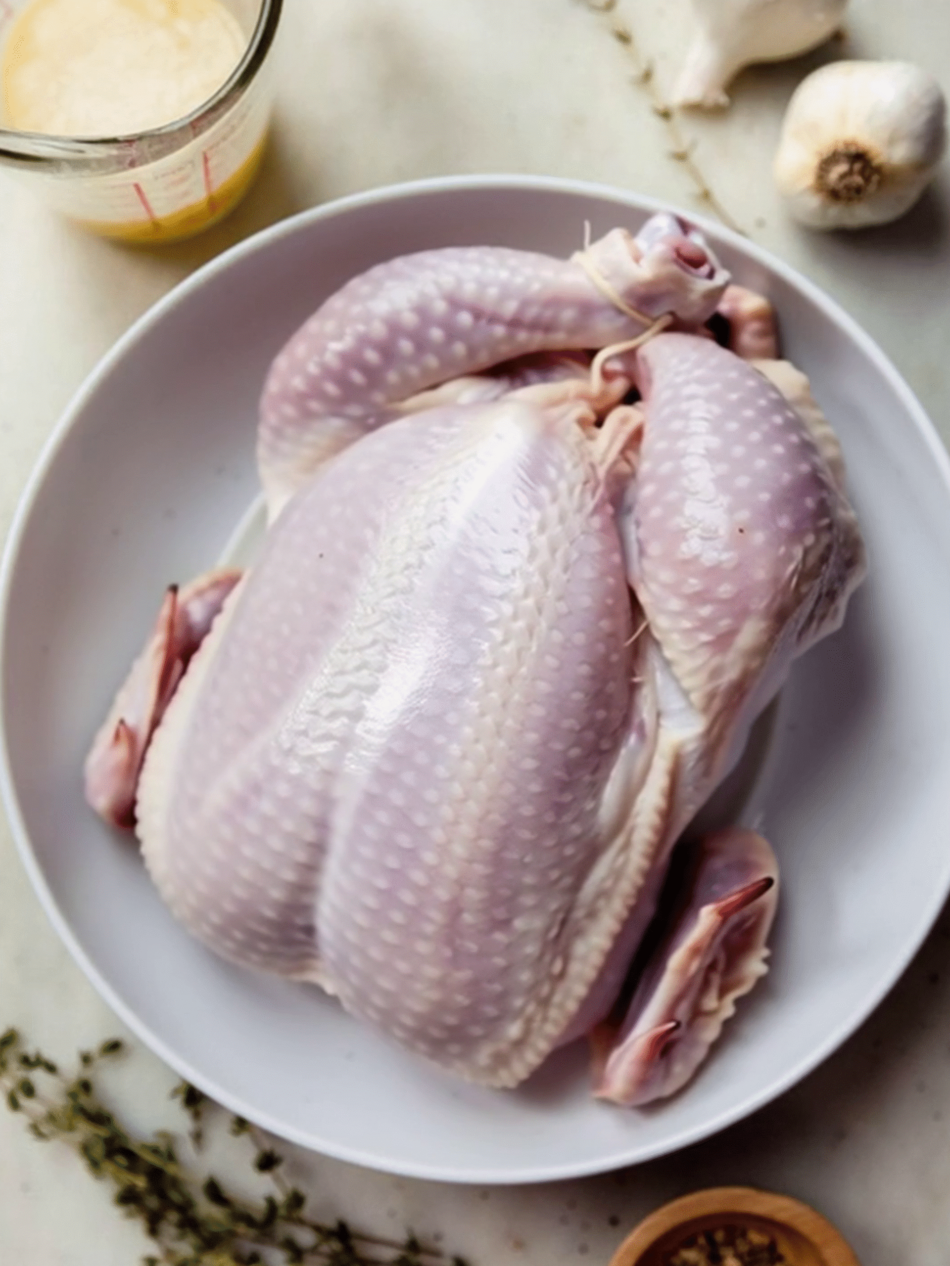 Whole Chicken Ready for Pink Salt Seasoned Roasted Chicken Raw whole chicken placed in a white bowl, ready for seasoning, surrounded by fresh garlic, thyme, and a measuring cup of melted butter.