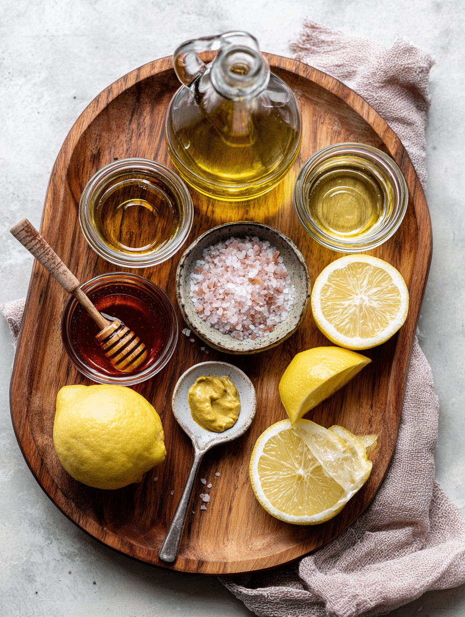 Ingredients for Pink Salt and Honey Vinaigrette Recipe Flat lay of pink salt and honey vinaigrette ingredients including olive oil, raw honey, Dijon mustard, lemon, apple cider vinegar, and Himalayan salt