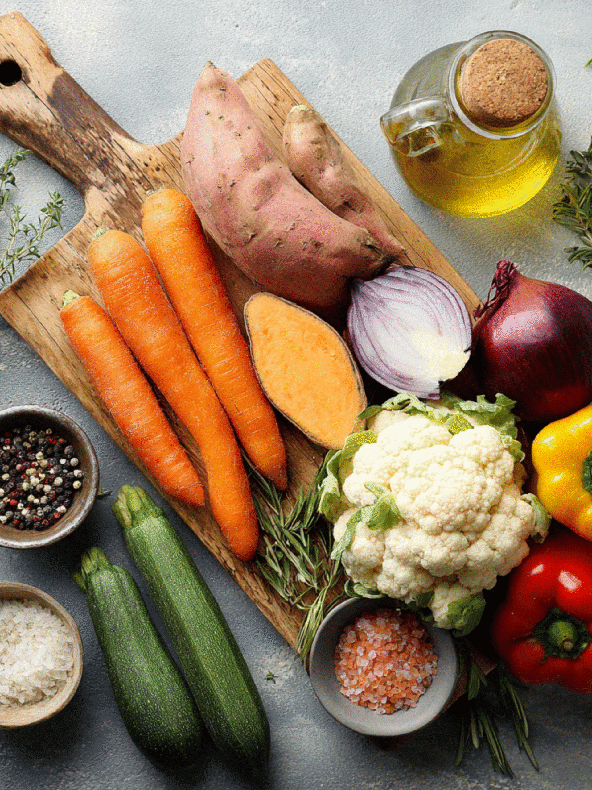 Fresh Ingredients for Pink Salt Roasted Vegetables Fresh ingredients for pink salt roasted vegetables including carrots, sweet potatoes, cauliflower, zucchini, bell peppers, red onion, herbs, and olive oil
