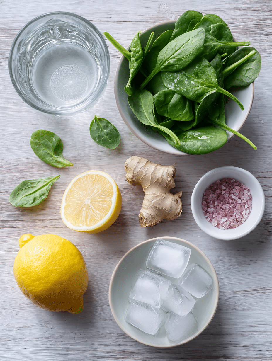 Detox Smoothie Ingredients with Spinach and Pink Salt Flat lay of fresh ingredients for a detox smoothie including spinach, lemon, ginger, pink salt, ice cubes, and a glass of water