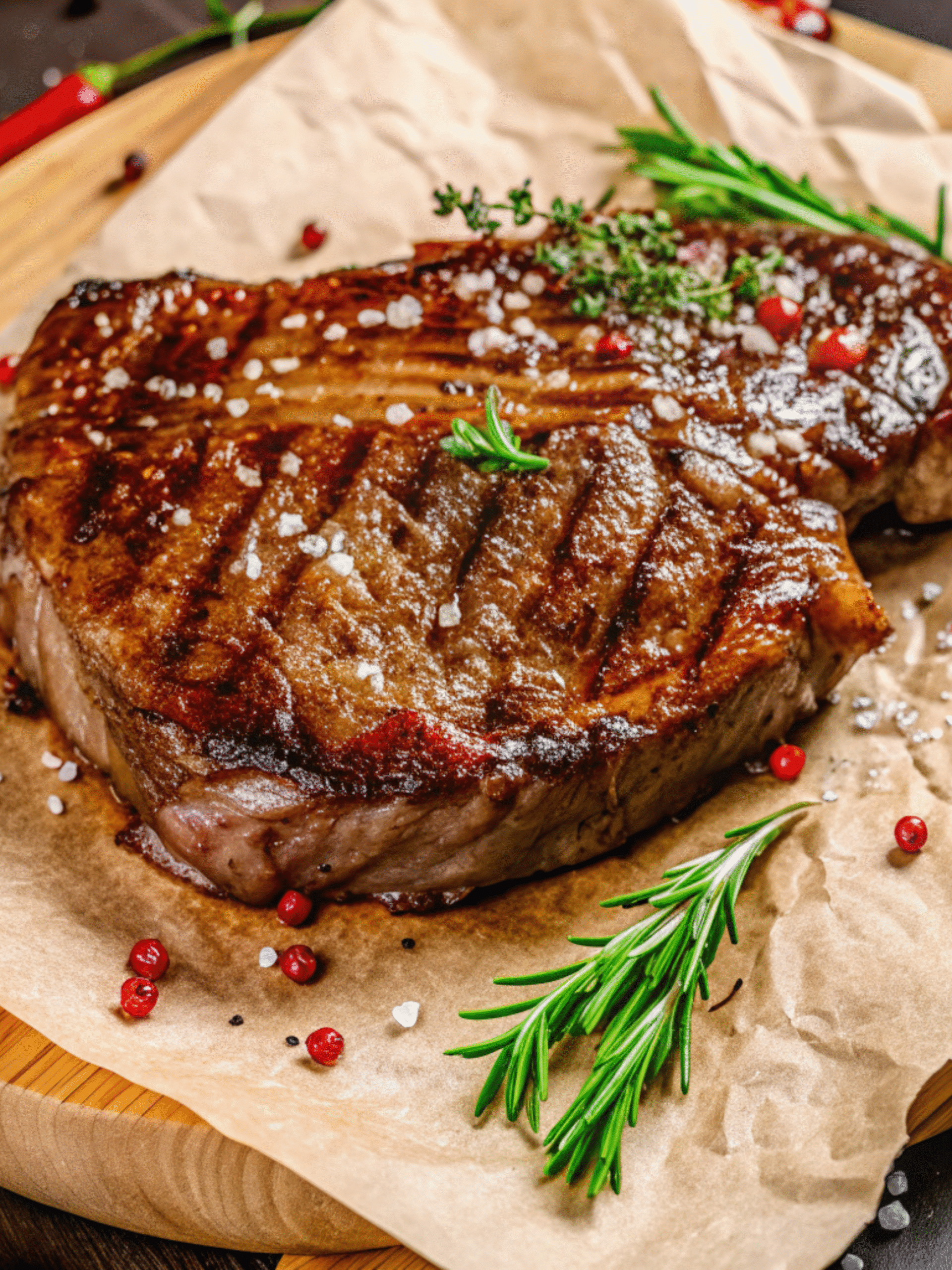 Pink Salt BBQ Grilled Steak with Rosemary Grilled steak seasoned with pink Himalayan salt and garnished with rosemary and peppercorns on parchment paper.