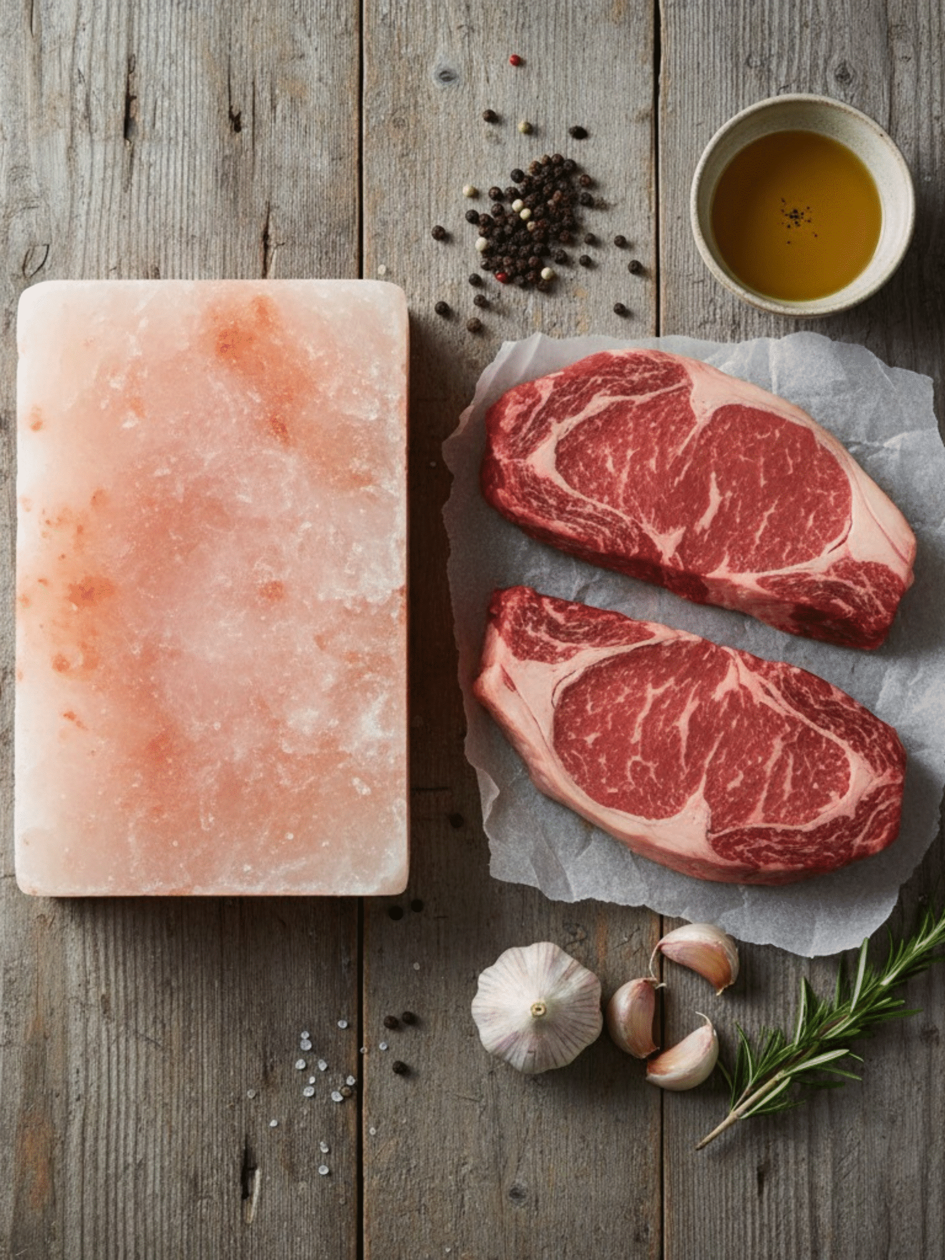 Pink Salt Block Grilled Steak Ingredients Ingredients for Pink Salt Block Grilled Steak with Himalayan salt block, ribeye steaks, olive oil, garlic, rosemary, and black pepper.