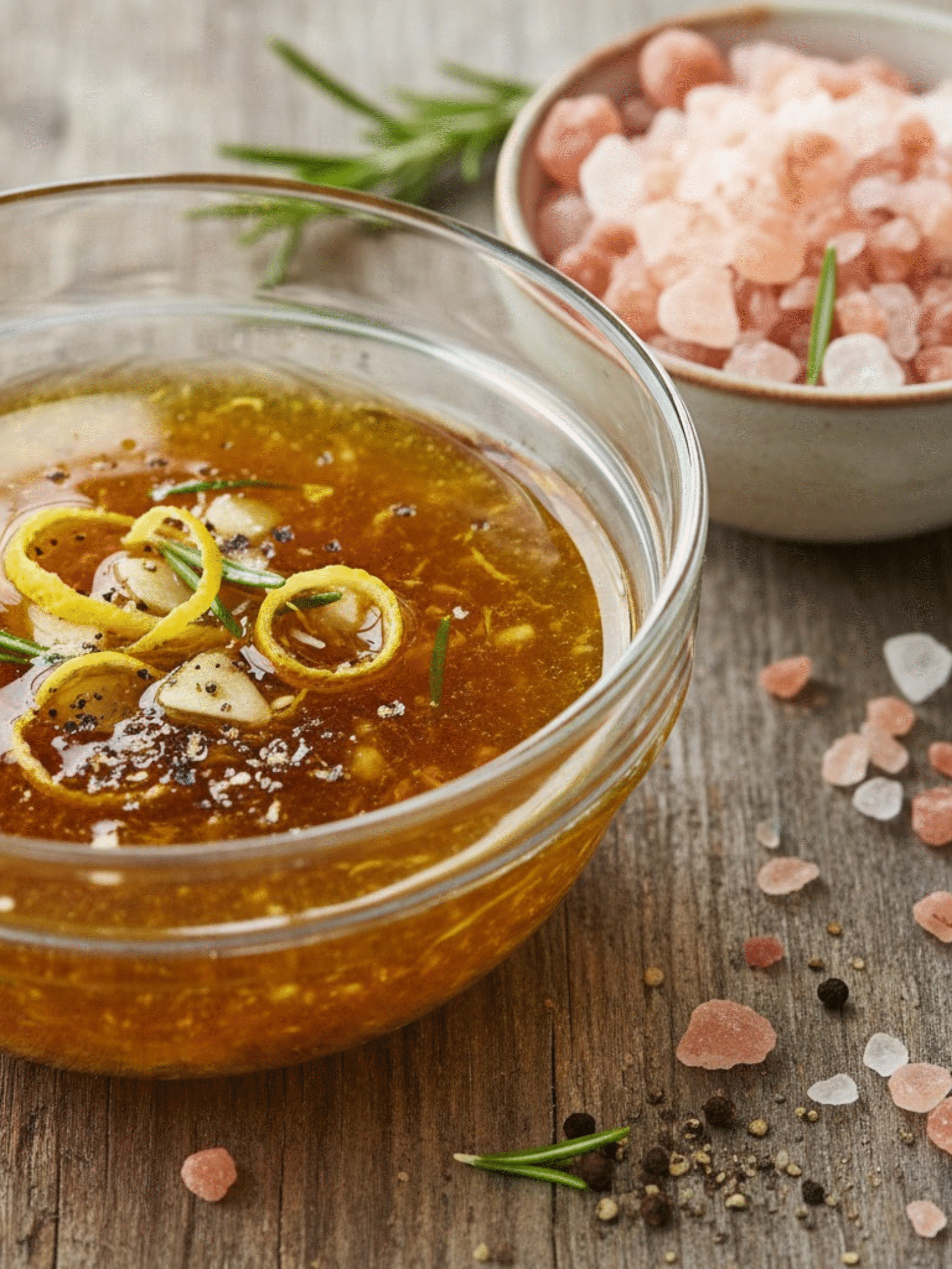 Pink Salt Barbecue Marinade with Garlic and Herbs Pink salt barbecue marinade with lemon zest, garlic, rosemary, and Himalayan pink salt in a glass bowl on rustic wood.