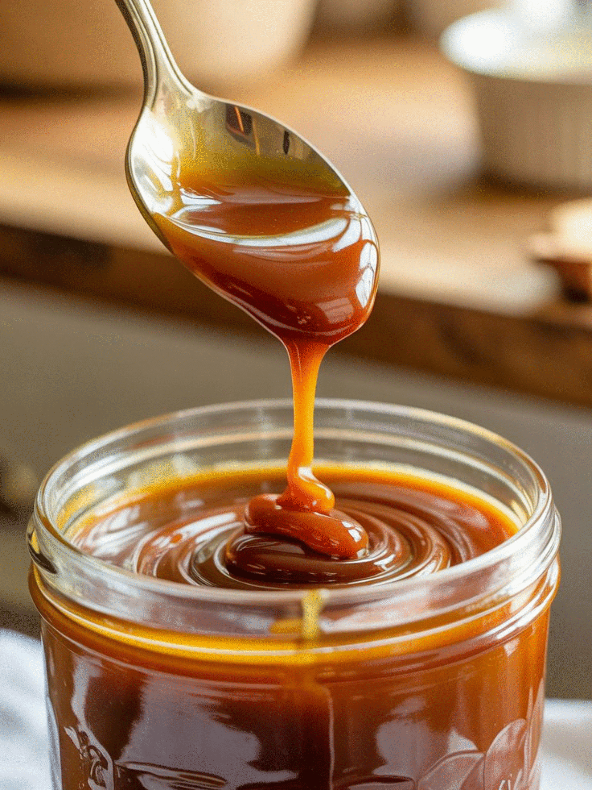 Salted caramel with pink salt dripping from spoon into glass jar