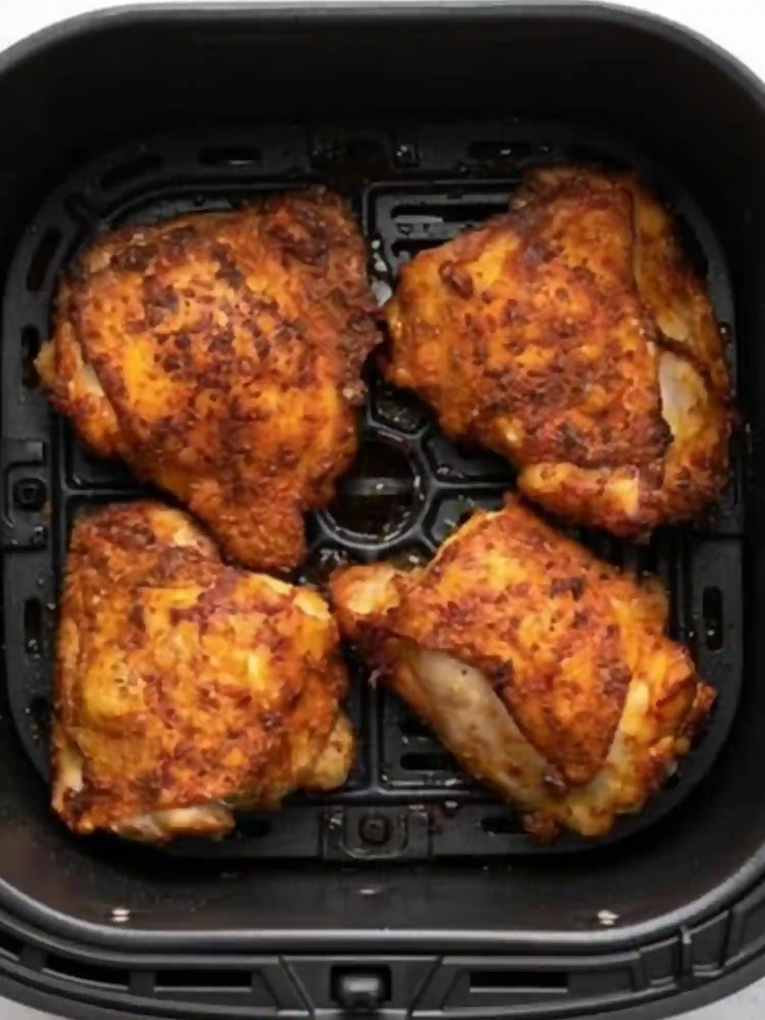 Crispy air fryer chicken thighs cooked golden brown inside an air fryer basket
