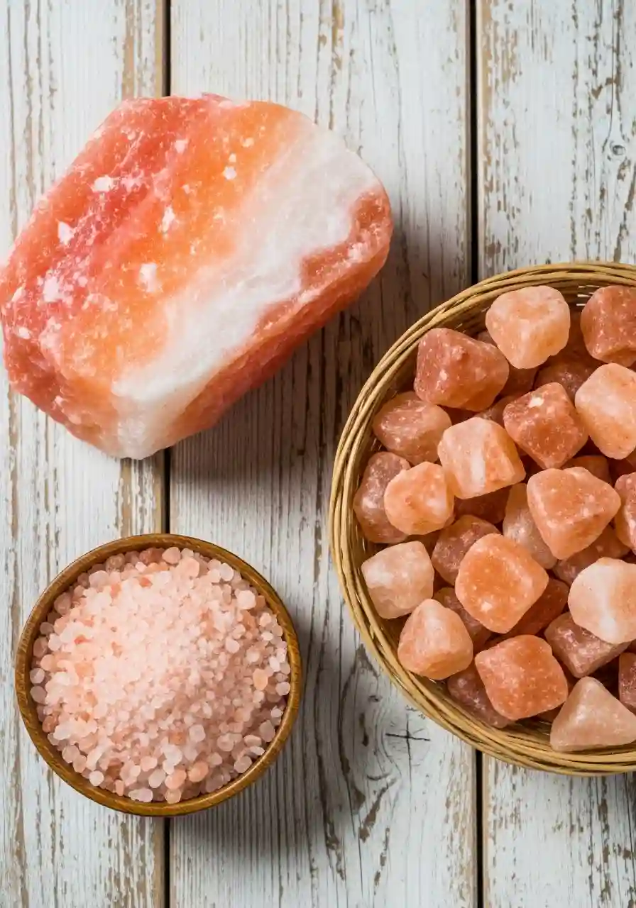 Himalayan Pink Salt Crystals and Chunks – Natural Mineral Salt Himalayan pink salt crystals and chunks in bowls on a rustic wooden table