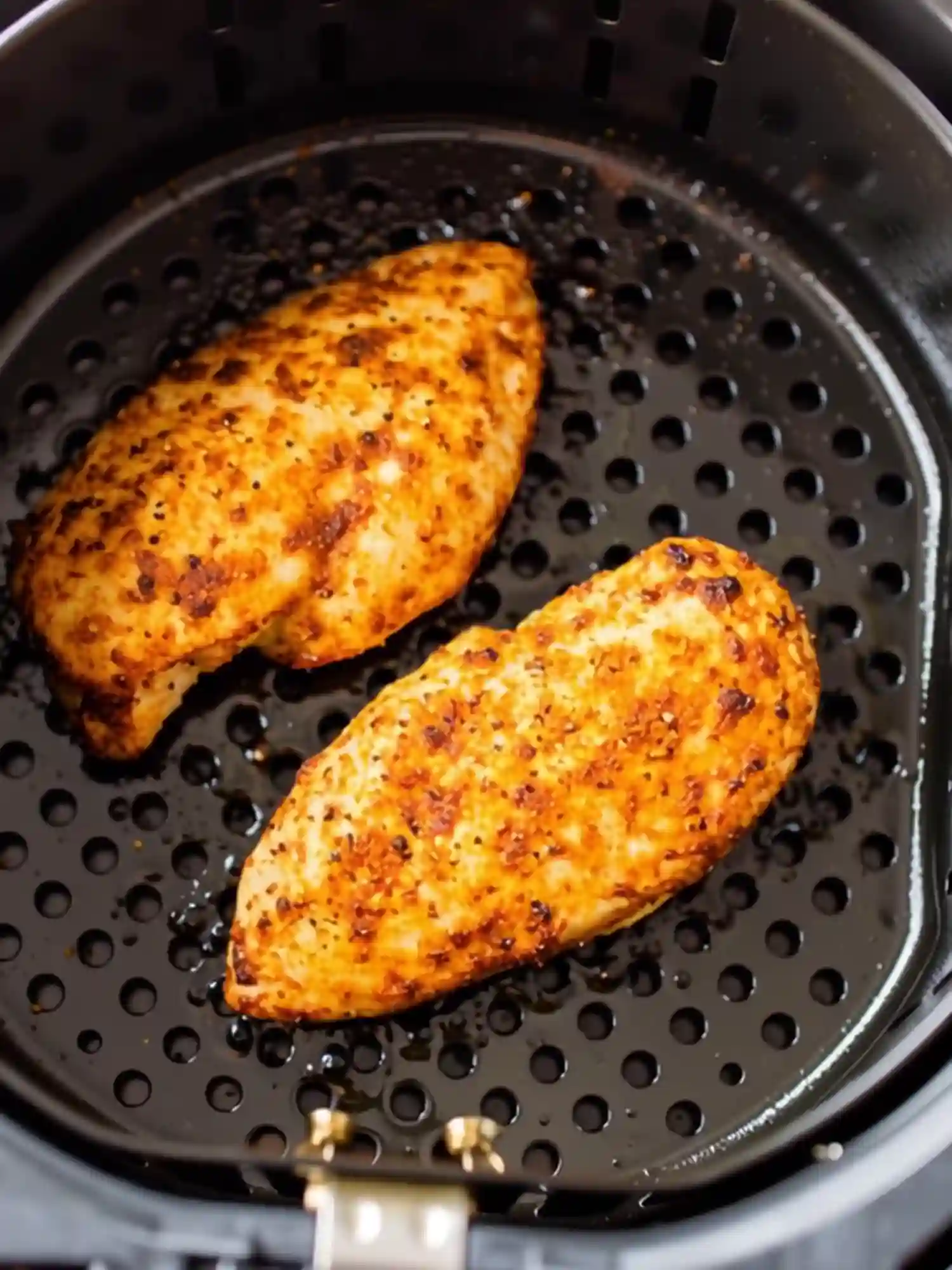 Juicy Air Fryer Chicken Breast Mid-Cook in Basket Air fryer chicken breast cooking in air fryer basket