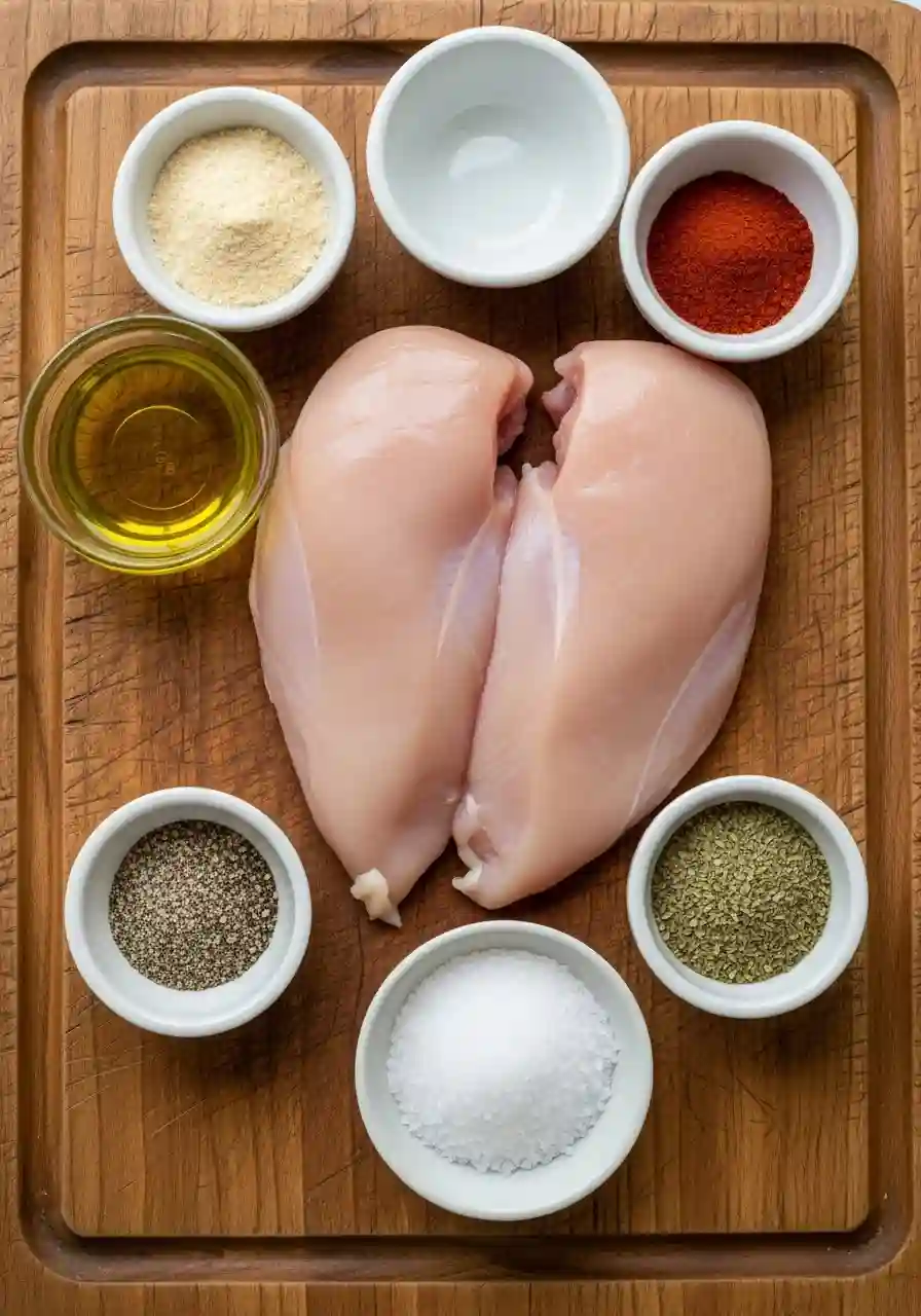 Ingredients for Juicy Air Fryer Chicken Breast Recipe Air fryer chicken breast ingredients on wooden board