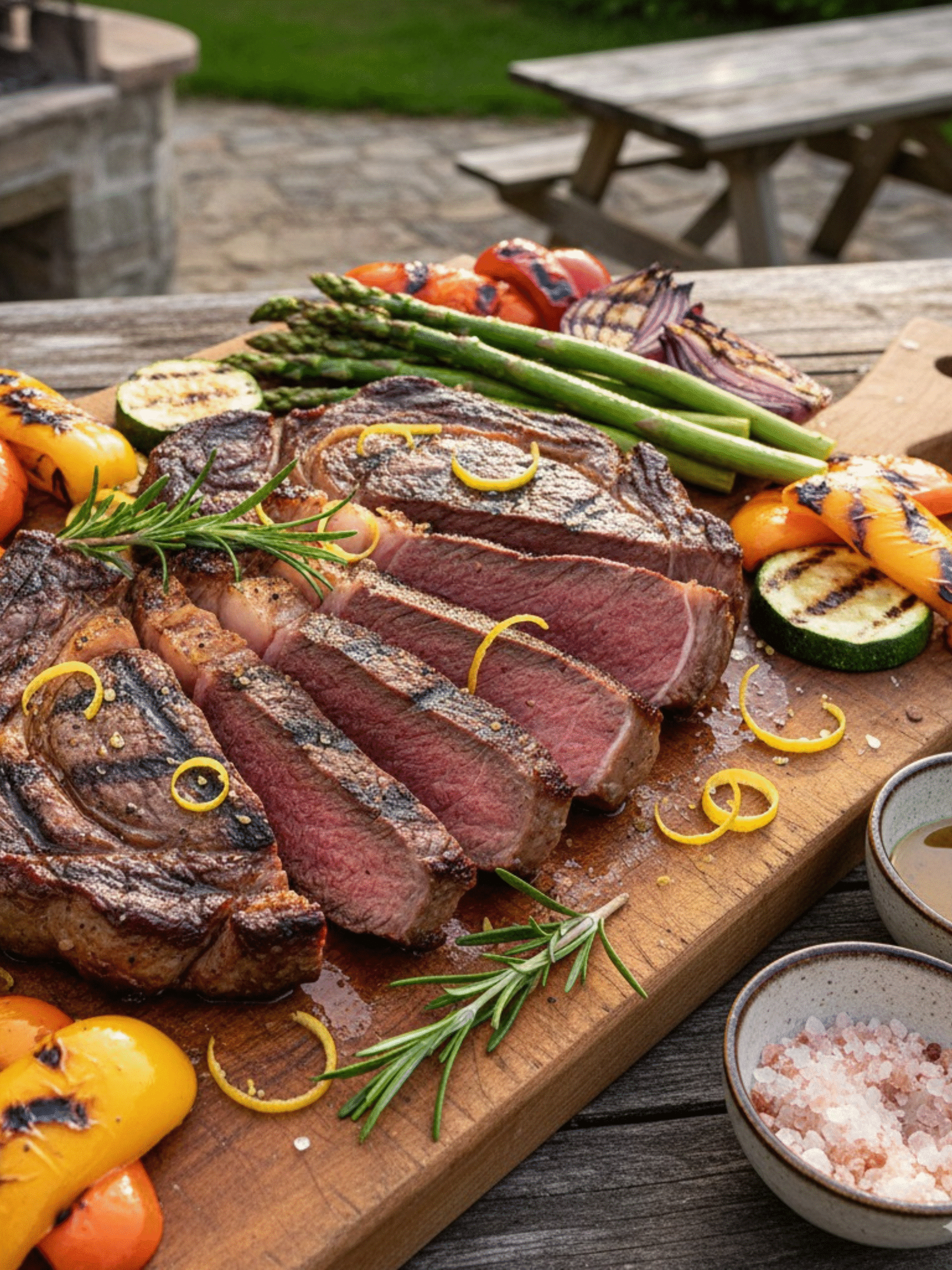 Grilled Ribeye with Pink Salt Barbecue Marinade and Vegetables Grilled ribeye steak sliced medium rare with pink salt barbecue marinade, served with grilled vegetables and lemon zest on a rustic board