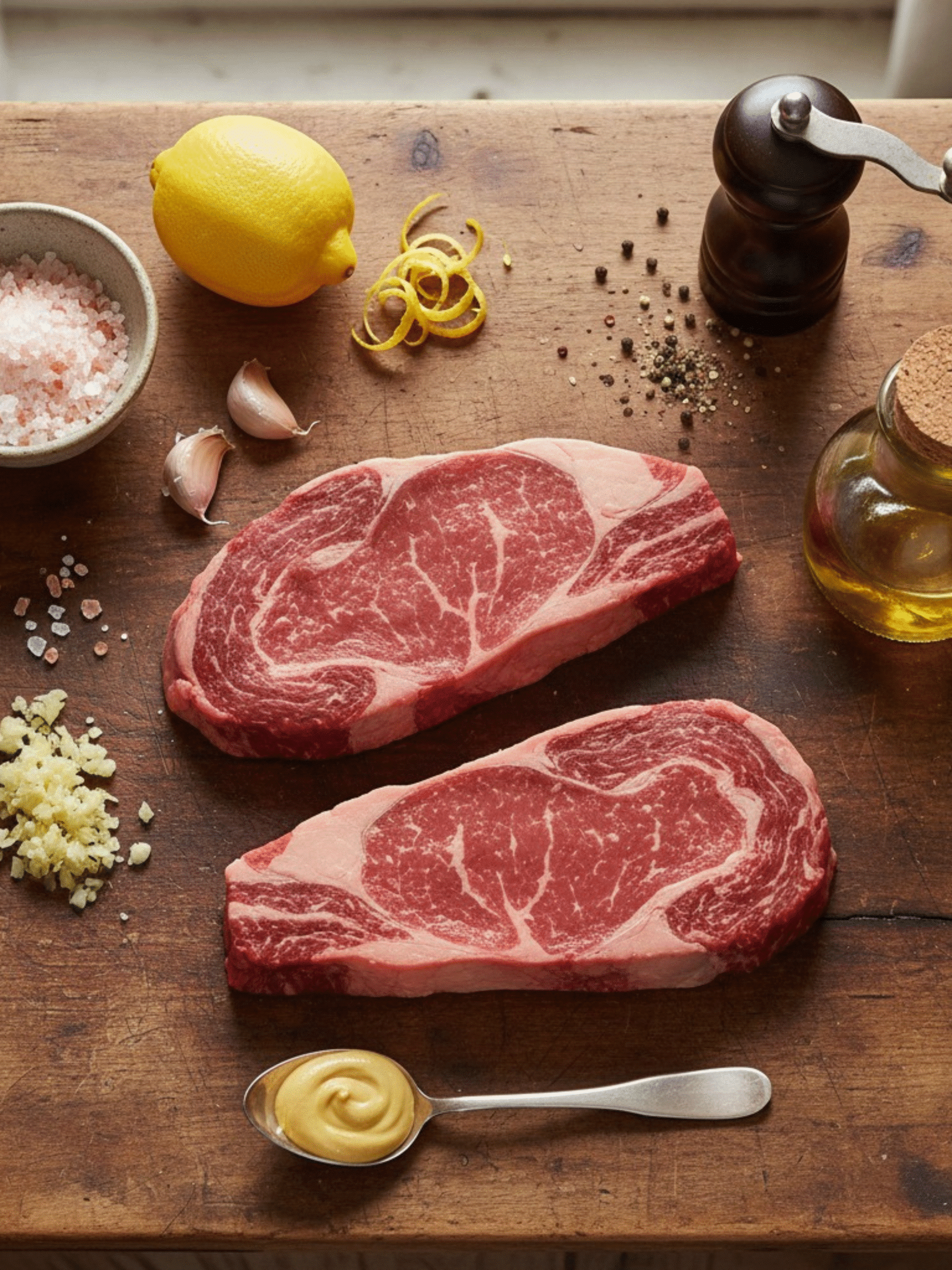Ribeye Steak Ingredients for Pink Salt Barbecue Marinade Raw ribeye steaks with Himalayan pink salt, garlic, lemon zest, black pepper, olive oil, and Dijon mustard on rustic wooden table