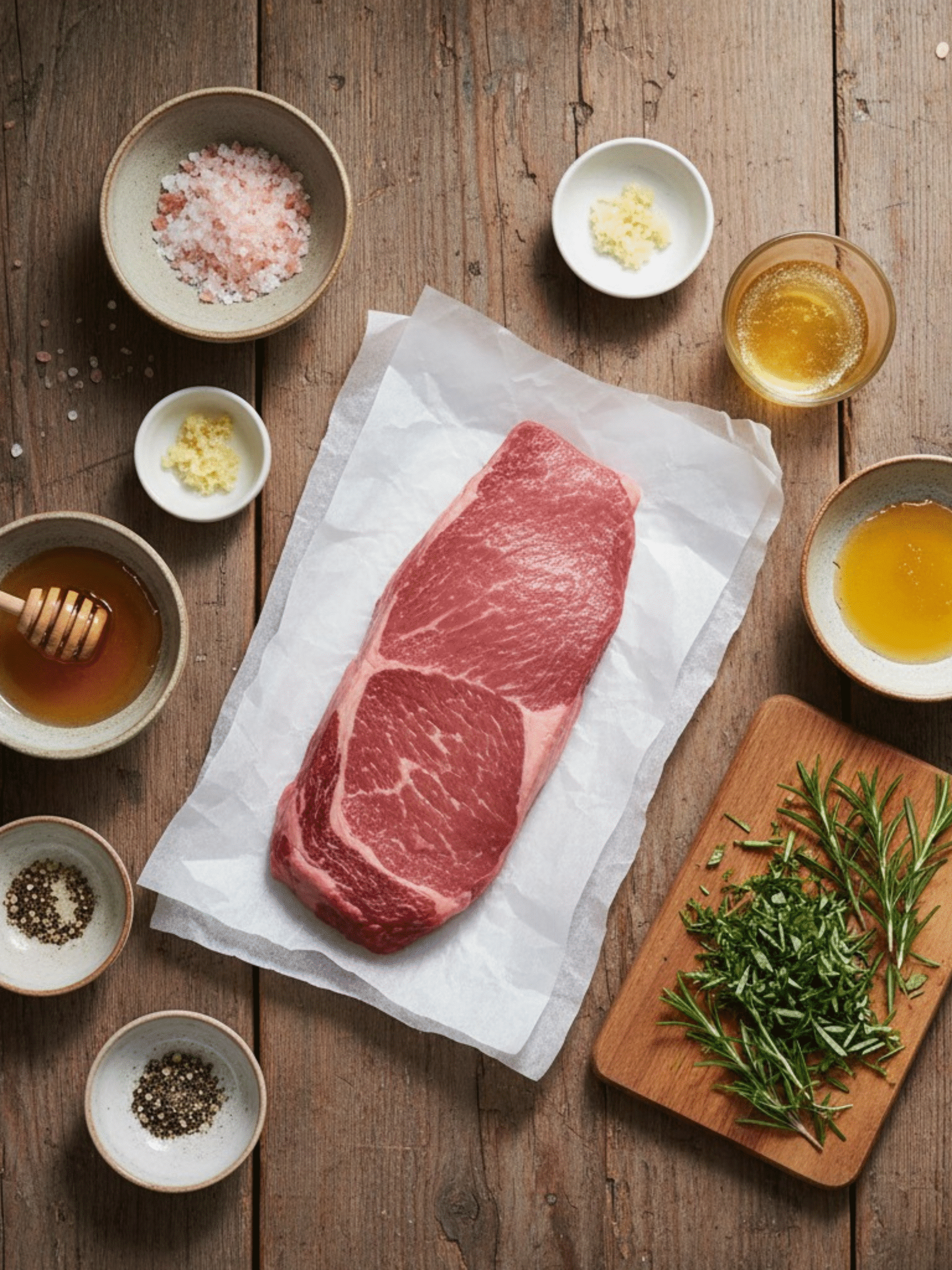 Ribeye Steak with Ingredients for Pink Salt Barbecue Marinade Raw ribeye steak with Himalayan pink salt, garlic, honey, olive oil, black pepper, and fresh rosemary on rustic wooden table
