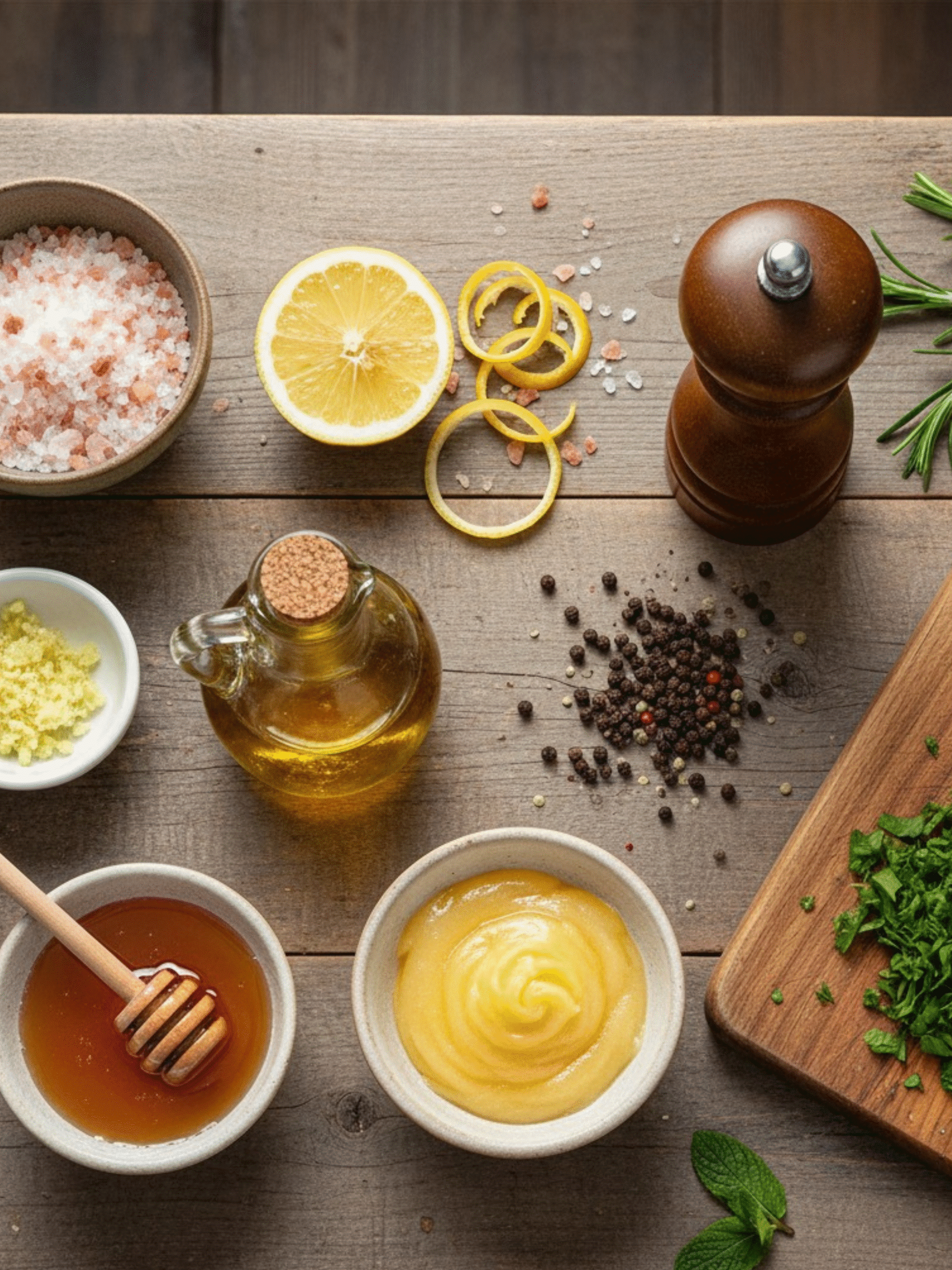 Essential Ingredients for Pink Salt Barbecue Marinad Ingredients for pink salt barbecue marinade including Himalayan salt, lemon, garlic, olive oil, honey, Dijon mustard, black pepper, and fresh herbs