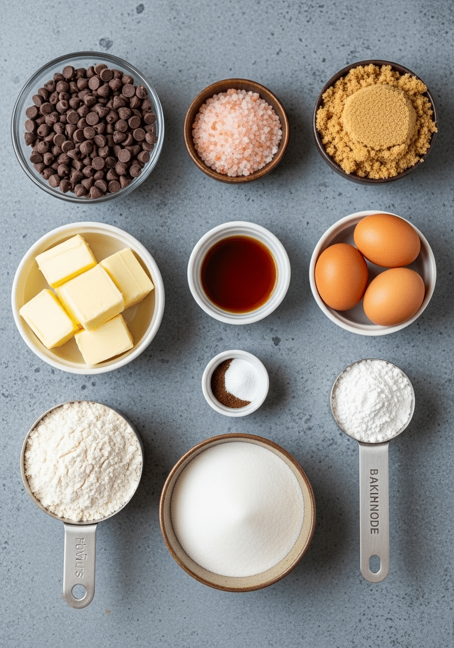 Ingredients for Pink Salt Cookies Recipe Flat lay of ingredients for pink salt cookies including butter, eggs, flour, sugars, vanilla, baking powder, Himalayan pink salt, and chocolate chips.
