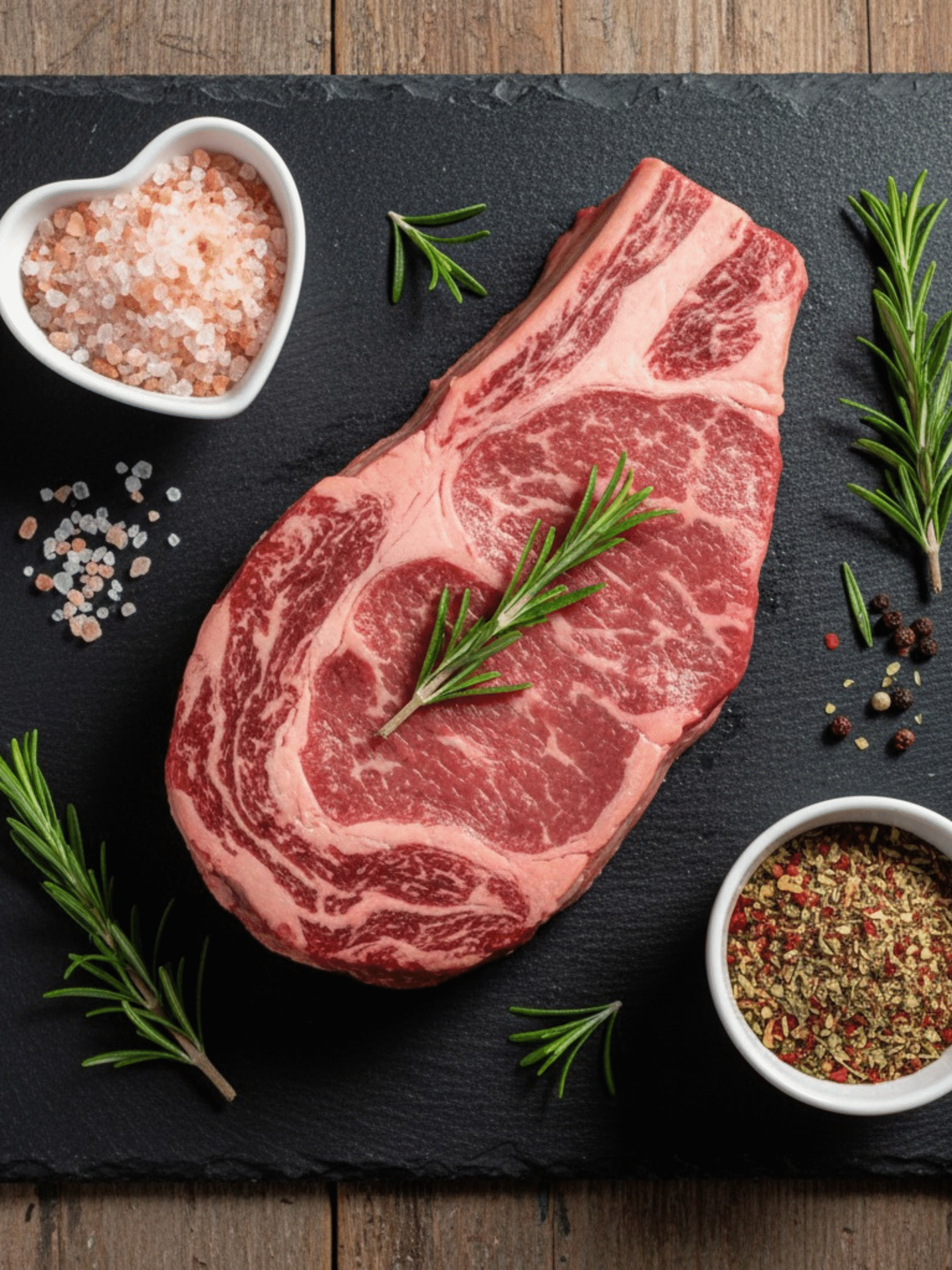 Raw Ribeye with Pink Salt and Rosemary for Grilled Steak Raw ribeye steak with marbling on a black slate board, pink salt, rosemary, and spices for Pink Salt Grilled Steak preparation