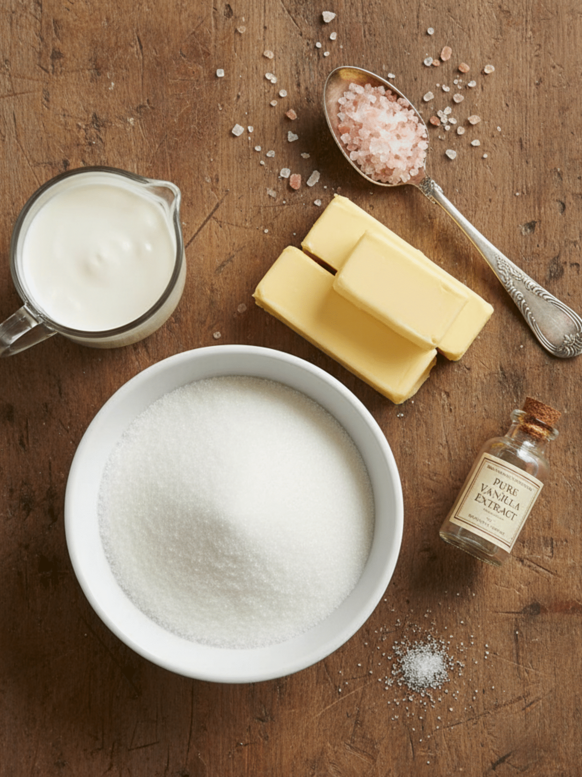 Salted Caramel with Pink Salt Ingredients Ingredients for salted caramel with pink salt including sugar, butter, cream, Himalayan pink salt, and vanilla extract on a wooden table