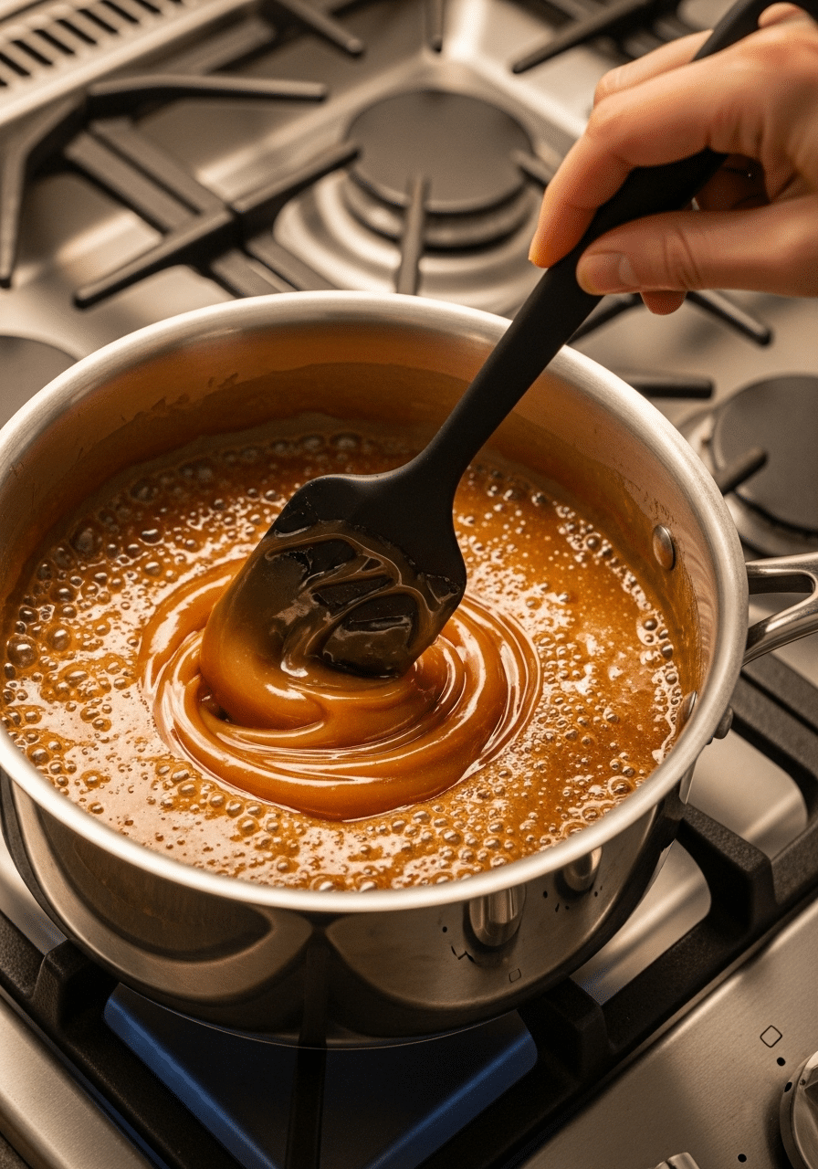 Cooking Salted Caramel with Pink Salt Hand stirring bubbling salted caramel with pink salt in a saucepan on a stovetop