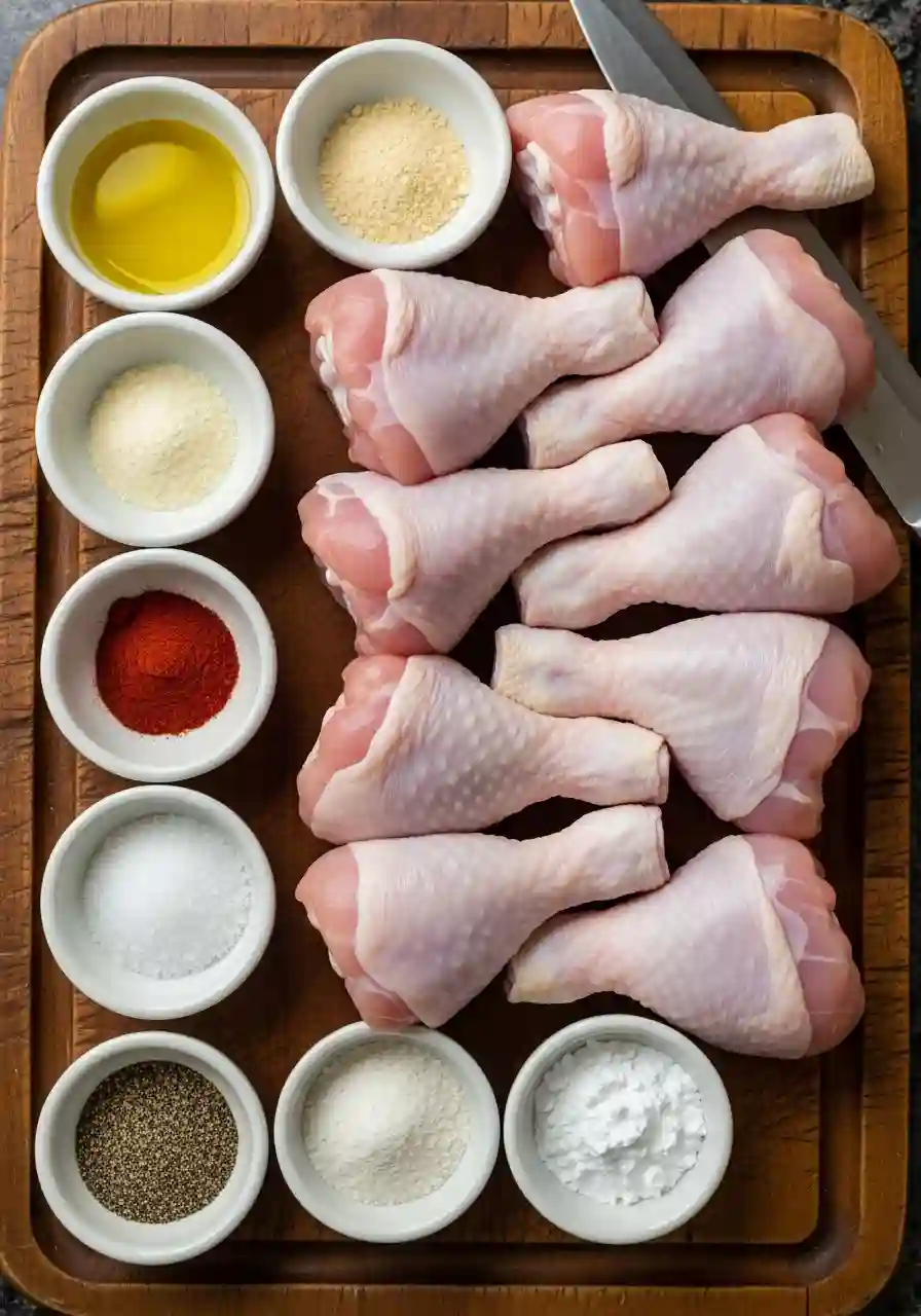 Raw chicken drumsticks with olive oil, garlic powder, onion powder, paprika, salt, pepper, and baking powder on a wooden board