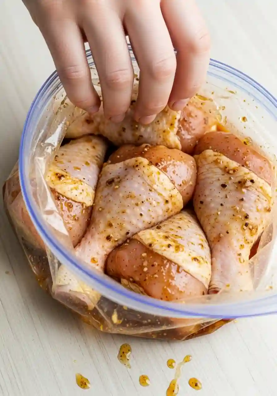 Raw chicken drumsticks marinating in a zip-top bag with spices, olive oil, and soy sauce, hand massaging marinade into chicken