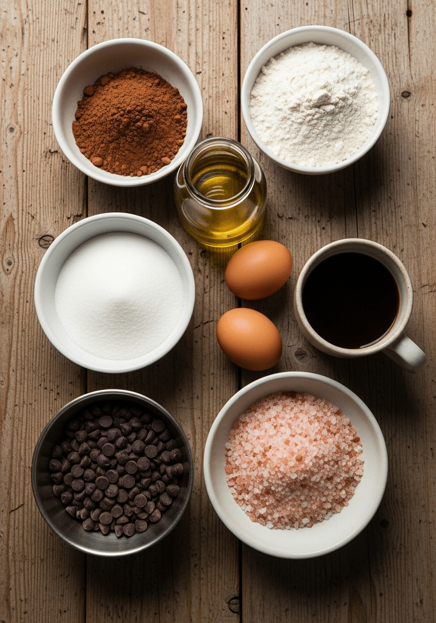 Pink Salt Brownies Ingredients Preparation Ingredients for Pink Salt Brownies including cocoa powder, flour, sugar, olive oil, eggs, coffee, dark chocolate chips, and Himalayan pink salt