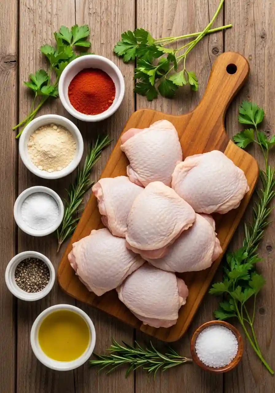 Ingredients for Air Fryer Chicken Thighs Recipe Fresh raw chicken thighs on a wooden board with olive oil, paprika, garlic powder, onion powder, black pepper, salt, and fresh herbs.