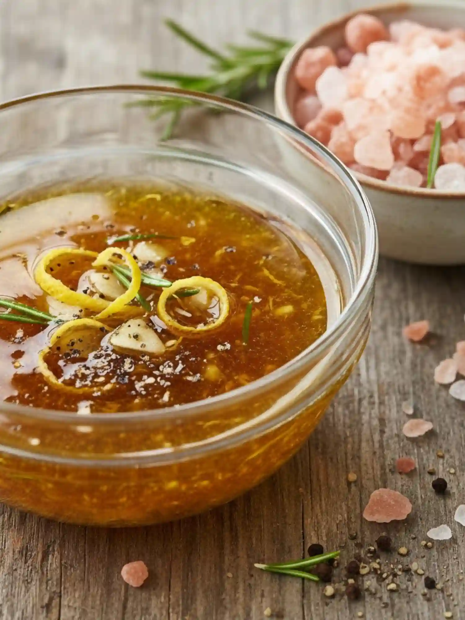 Pink Salt Barbecue Marinade – Flavorful Grilling Recipe Homemade barbecue marinade with Himalayan pink salt, garlic, and herbs in a glass bowl