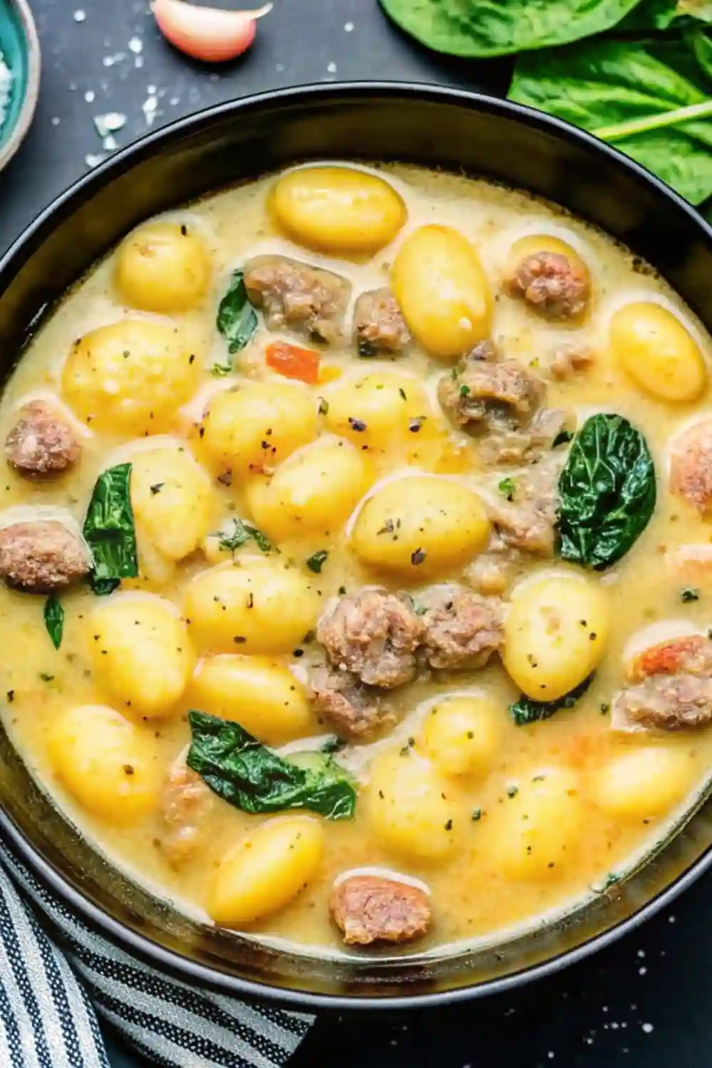creamy Italian sausage gnocchi soup in a black bowl with spinach and sausage pieces on a dark background